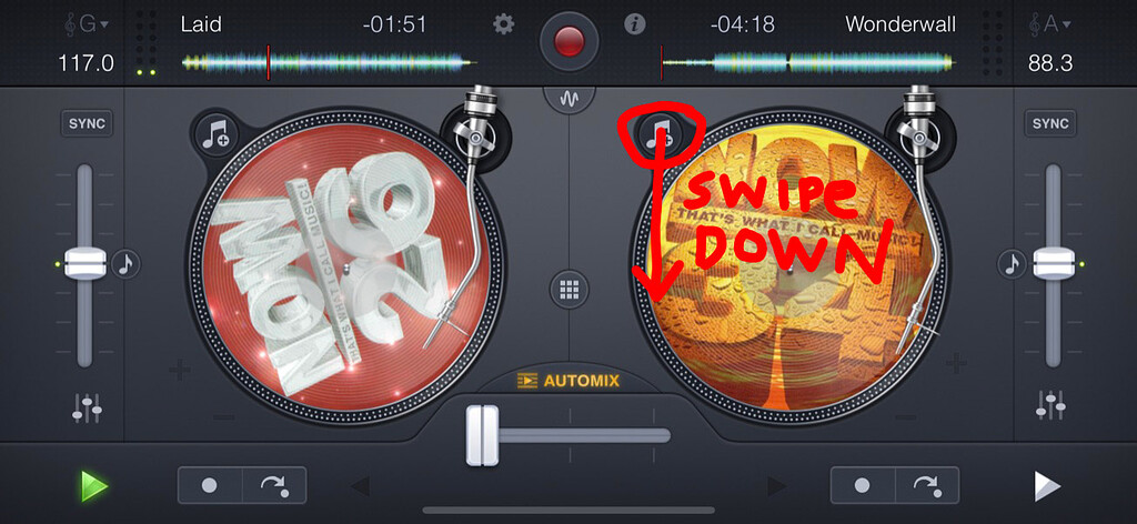 Swipe Down on Musical Note to jump to next song (Like how DJay2