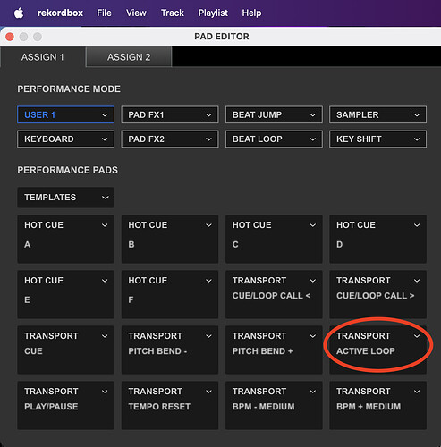 Rekordbox PAD editor : transport : active loop