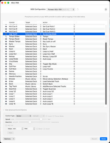 XDJ-700 MIDI configuration (lower part)