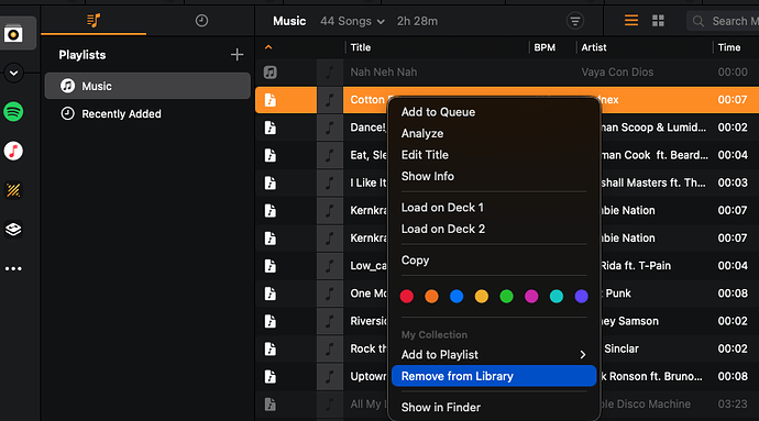 Algoriddim Djay's normal tracks do have 'Remove from library' in the submenu