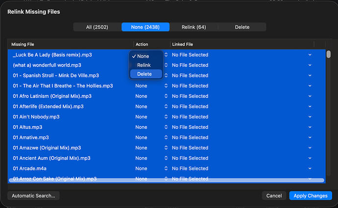 Djay > relink missing files > SELECT ALL, DELETE ONE > hit 'Apply changes' and all of them are gone